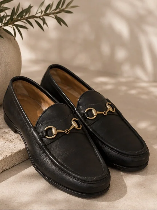 Gucci Men’s Black Leather Horsebit Loafers Size 42.5 D Made in Italy