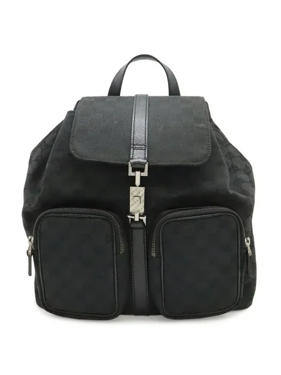 Gucci GG Canvas Jackie Line Backpack Leather Black Silver