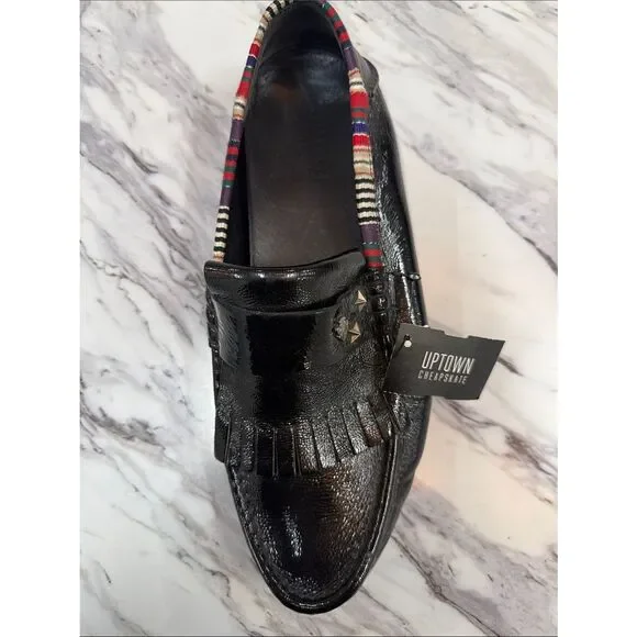 Gucci Black Patent Leather Fringe Loafers with Multicolor Trim