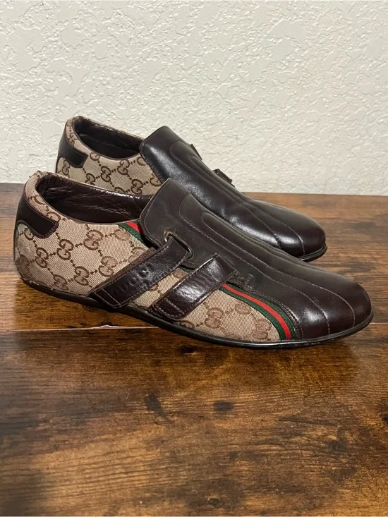 Gucci Brown GG Canvas & Dark Brown Leather Slip-Ons with Red-Green Stripe