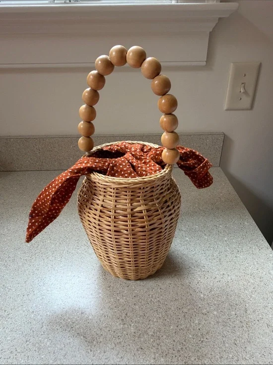 Woven Rattan Basket Handbag Beaded Handle and Polka Dot Cloth like new.