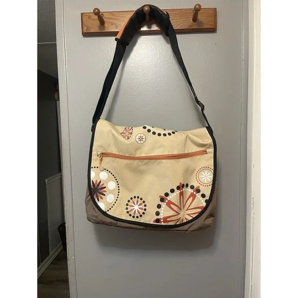 Epic Laptop Messenger Nurses Bag Floral Brown/Orange Detachable Wallet, Adj