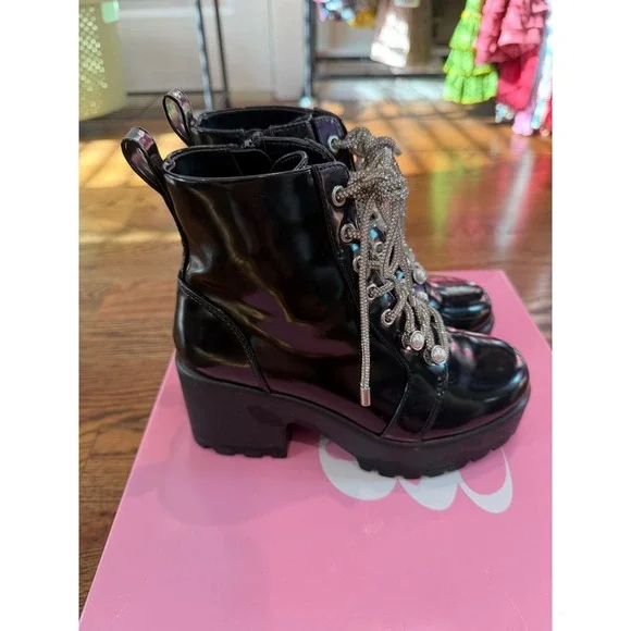 36. GB Girls Black Patent Rhinestone Lace Up Combat Boots Pearl Accents Size 13M