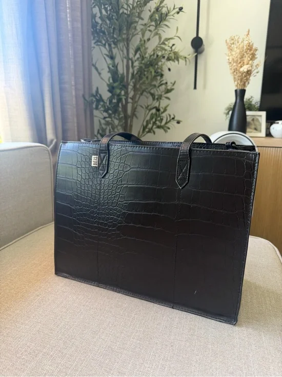 BEIS Black Croc-Embossed Briefcase Tote
