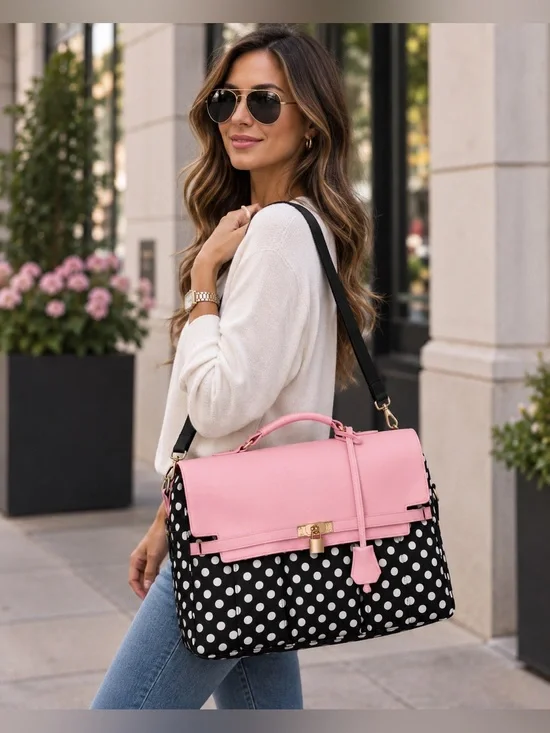 15.6” Pink Polka Dot Laptop Briefcase Messenger Bag USB Work Travel Office Tote