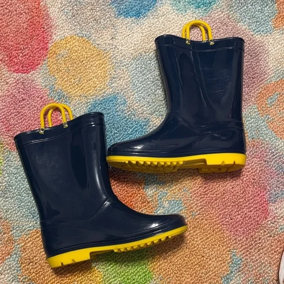 Kids Waterproof Rain Boots in Navy and Yellow