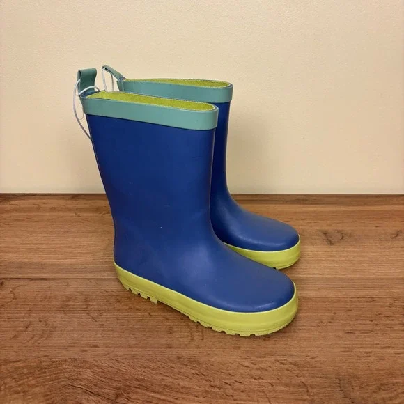 HARPER CANYON Audra Rain Boots Blue Green Kids Size 11 Rubber Lug Sole Pull On