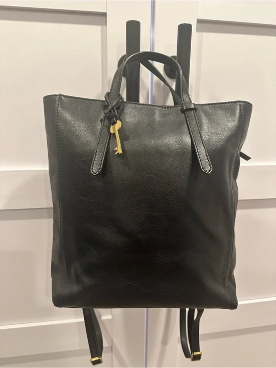 Fossil Black Leather Laptop Tote Backpack with Gold Key Charm
