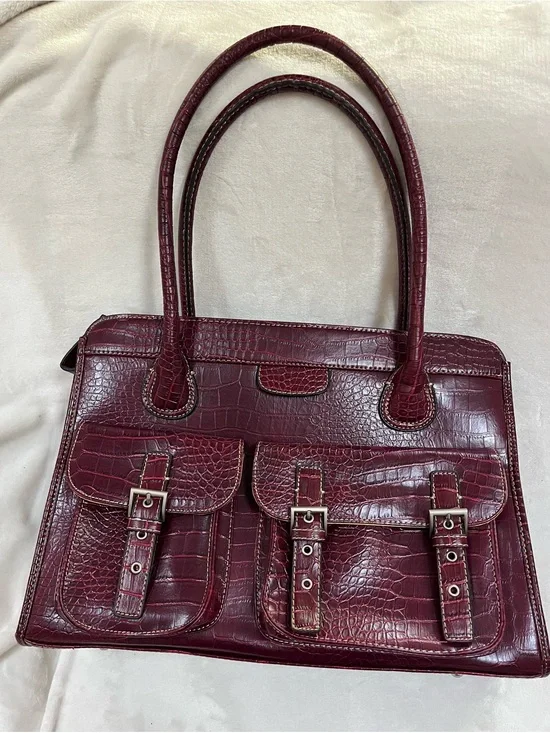 Merona Large Burgundy Tote Bag | Faux Alligator | Variety Pockets Inside
