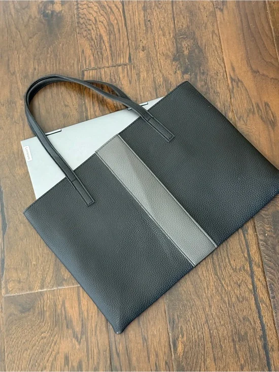 Vince Camuto Vegan Pebbled Leather Laptop Tote/ Bag Purse Black Gray 12'x17