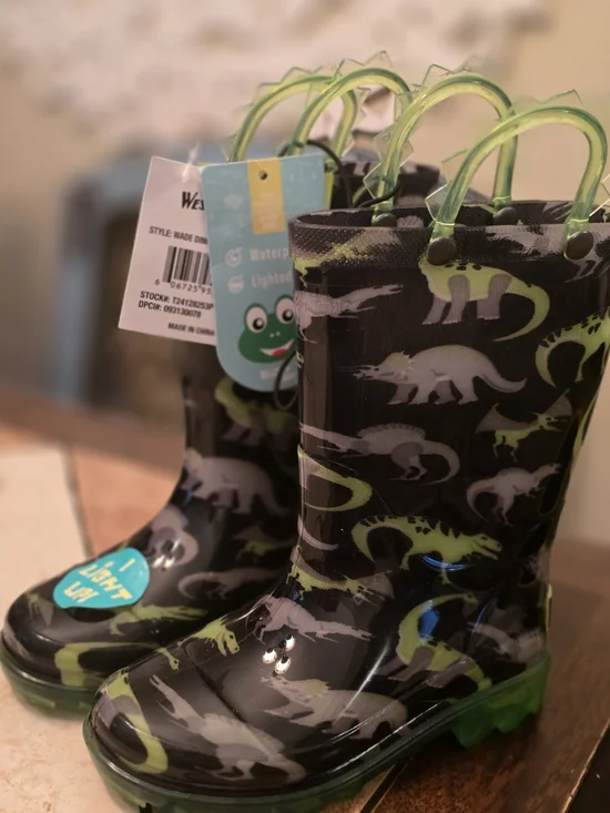 Western Chief Kids Black & Green Dinosaur Rain Boots with Light-Up Soles