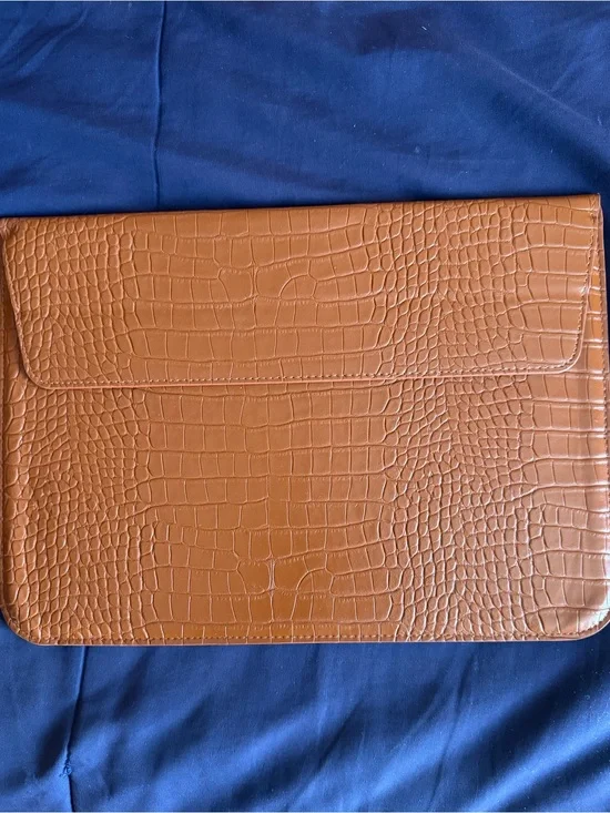Croc-Embossed Leather Laptop Sleeve Brown