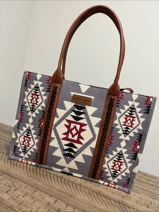 Wrangler Aztec Tote in Periwinkle/Gray, Brown and Red