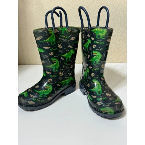 Toddler Boys Rain Boots Size 7 Blue Green Dinosaur Skeleton Rubber Waterproof