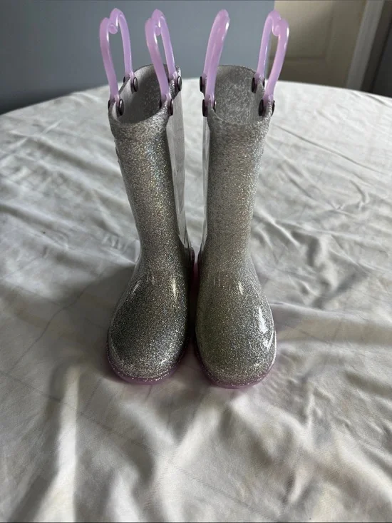 Western Chief Silver Glitter Kids Rain Boots with Pink Handles