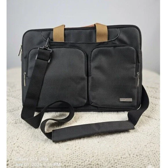 Lacdo padded nylon 14 in laptop shoulder/messenger bag, black/gray/brown