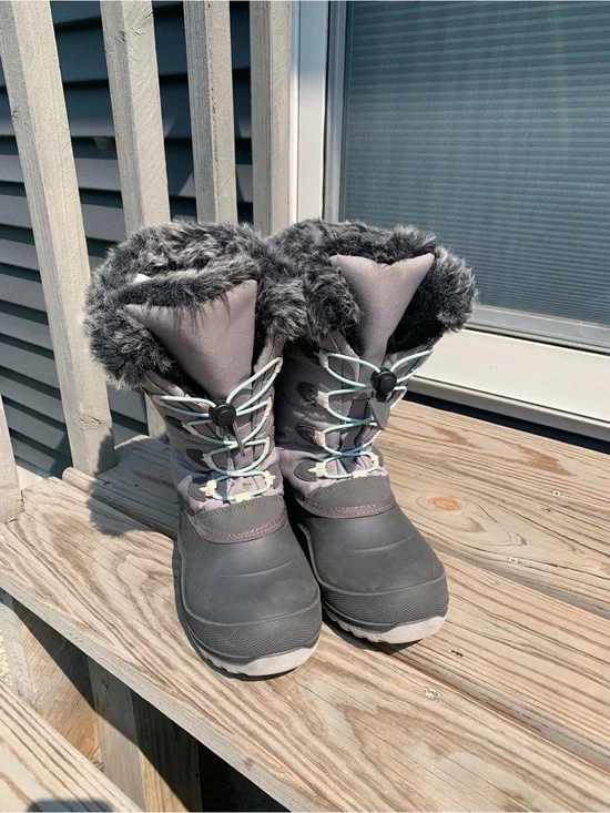 Kamik Snowangel Kids Charcoal Mint Faux Fur-Lined Snow Boots Big Girl Size 7