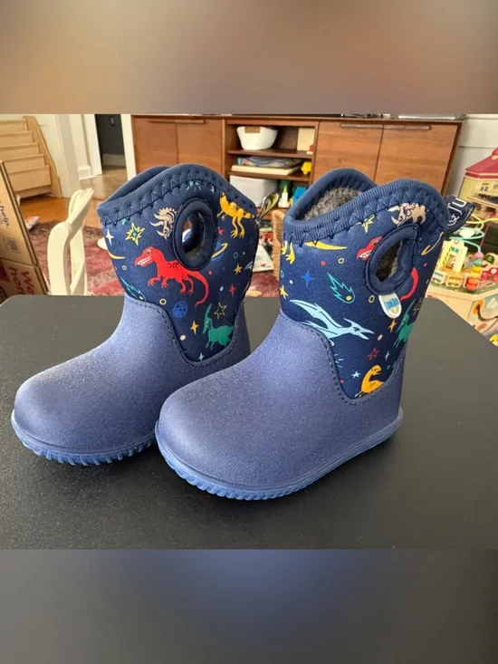 Kids Navy Blue Dino & Space Print Rain Boots with Easy-Grab Handles