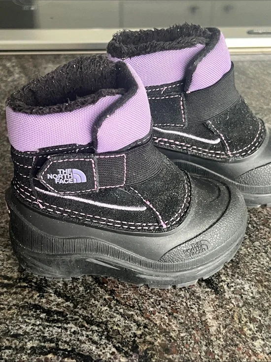 The North Face Kids Black and Purple Winter Boots with Hook-and-Loop Strap