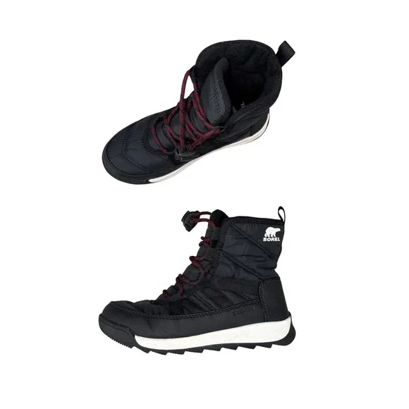 Sorel Whitney II Short Lace Boots Black Red Waterproof Snow Winter Kids Size 1