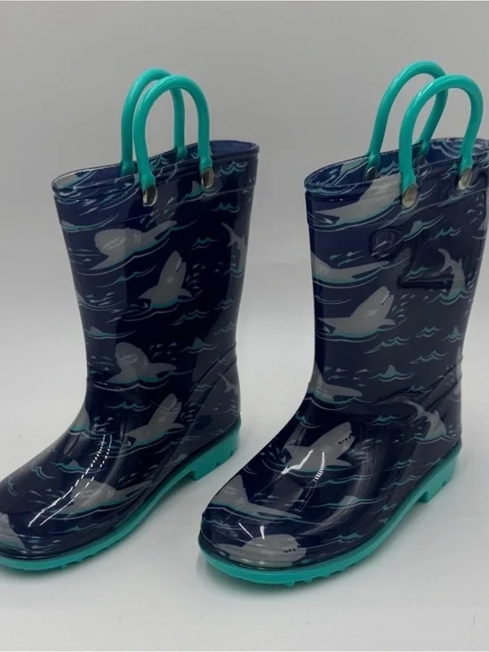 Kids Navy Shark Rain Boots with Teal Handles Size 10