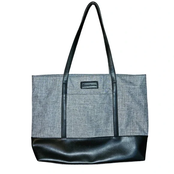 Sunny‎ Snowy Gray Canvas Black Faux Leather Laptop Tote Bag Work Commuter Large