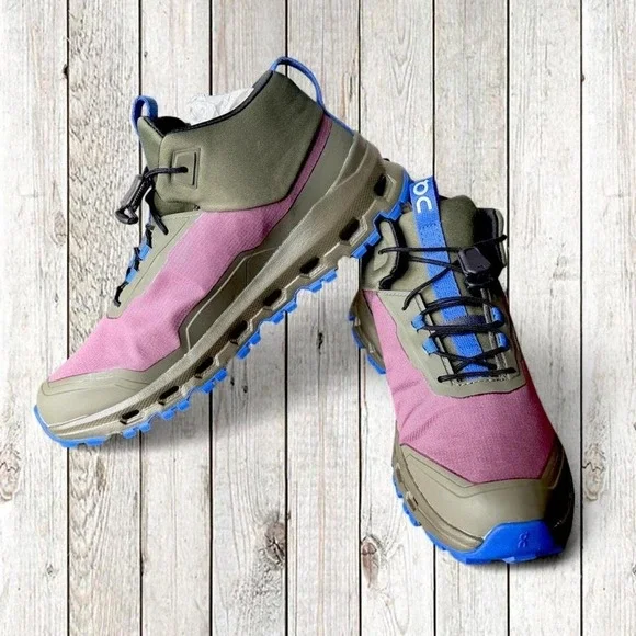 On Cloudhero Mid Waterproof Hiking Boots Cherry Olive Blue Youth 4.5Y NEW