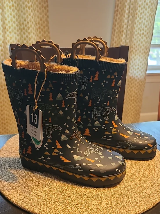 Western Chief NWT Grizzly Faux Fur Waterproof Rain Boots Black/Orange Size 13