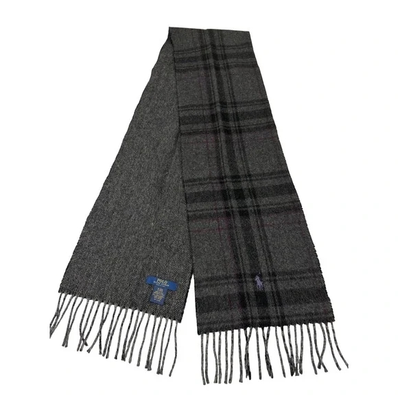 Polo Ralph Lauren Scarf Mens Grey Plaid Herringbone  Wool Blend Italy