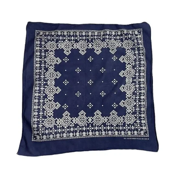 Vintage blue and white geometric print bandanna rn 14193 made in the USA