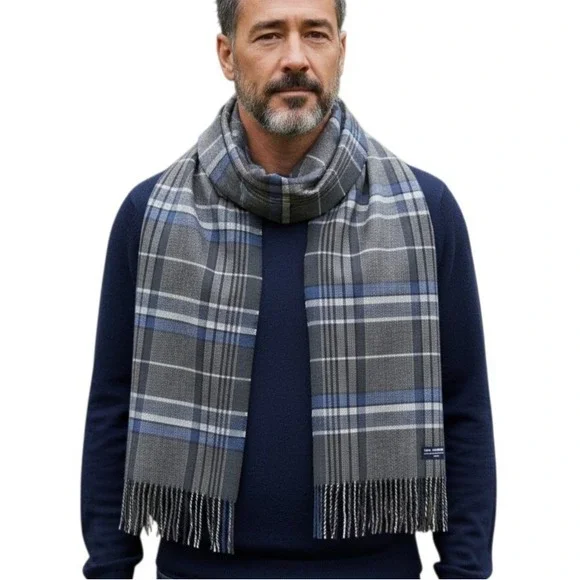 Unbranded 100% Cashmere Scarf Plaid Blue Gray Green‎ Tartan Fringe 57