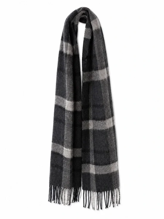 Club Room Charcoal and Light Gray Plaid Fringe Scarf 100% cashmere