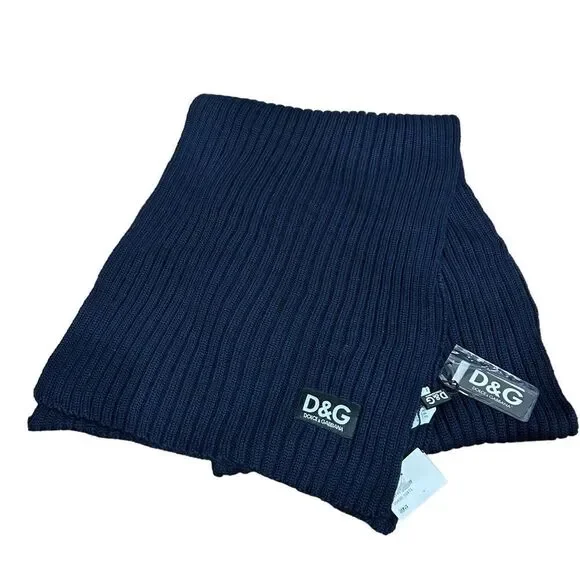 Dolce & Gabbana Vintage Navy Blue Lamb Wool Scarf with DG logo Revolve