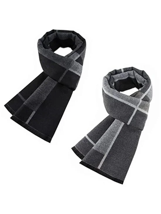 2 Packs Men's Cashmere Feel  Scarf for Winter, Black Grey Plaid