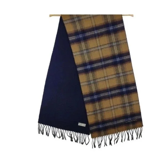Lancel Paris Moonbat Wool Scarf Plaid Reversible Fringe BlueTan 4.5ft Made Japan