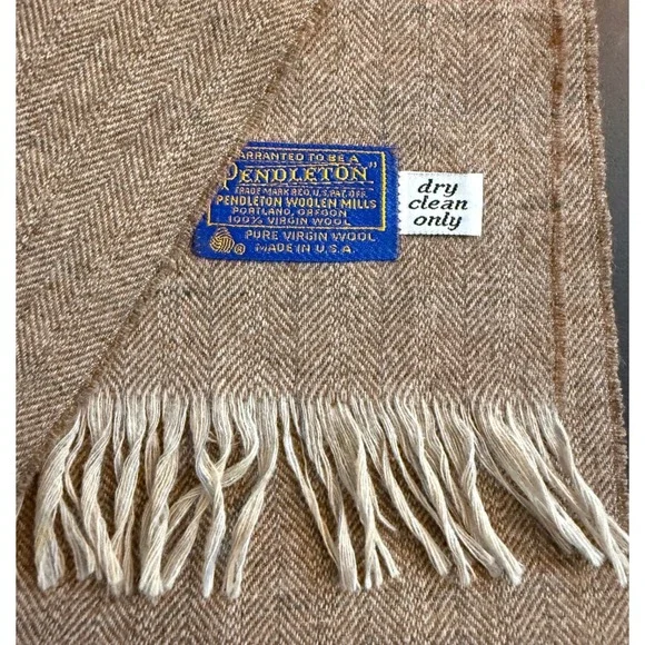 Pendleton Woolen Mills Herringbone Scarf Brown Tan Virgin Wool Made in USA