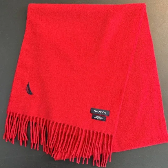 Nautica Red Lambswool Scarf Embroidered Logo Fringed Winter Accessory