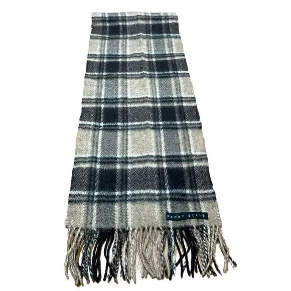 Perry Ellis dark brown and tan plaid wool scarf.