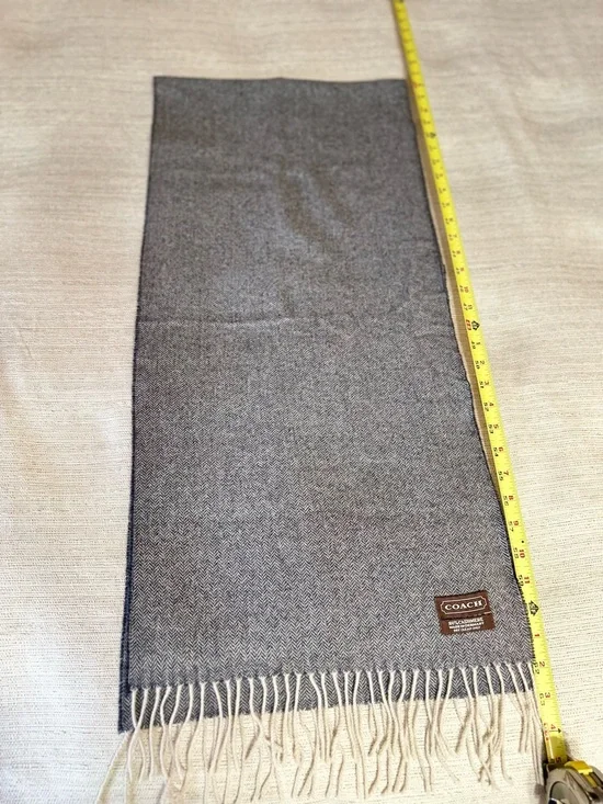 Coach 100% Cashmere Gray Herringbone Fringe Scarf | Made in Germany | Vintage