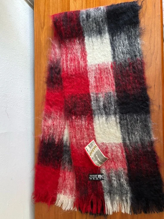 Red & Black Plaid Mohair Blend Scarf