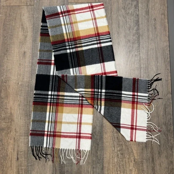 100% Cashmere‎ Plaid Scarf with Fringe Made in England Red Black White Gold