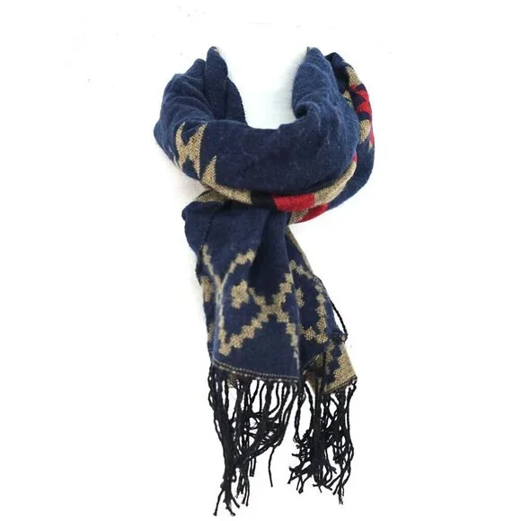 Vintage Navajo Aztec Wool Blend Navy Red Scarf Wrap 80 x 13