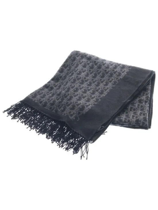Dior Oblique All Over Wool Fringe Large Shawl Black Scarf