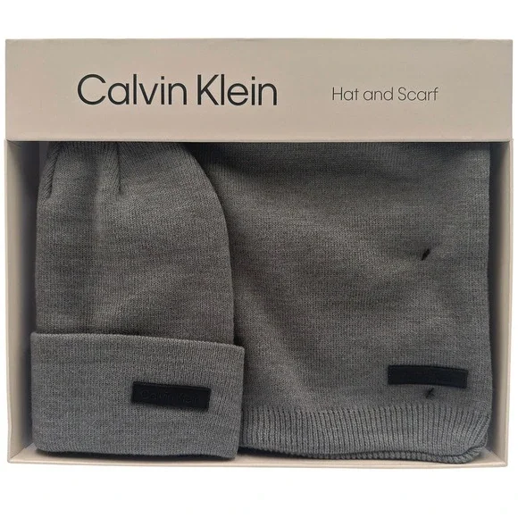 Calvin Klein Mens Grey Knit Beanie Hat and Scarf Gift Set CKMC548806C-032