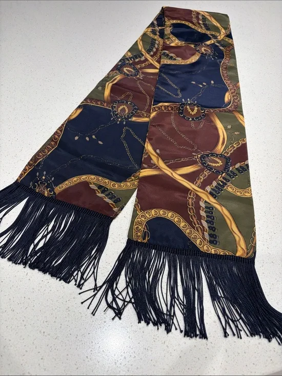 Equestrian Dress Scarf with Navy Blue Fringe.