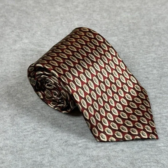 Stonehenge Necktie Red 100% Silk Geometric Green Paisley Print Handmade