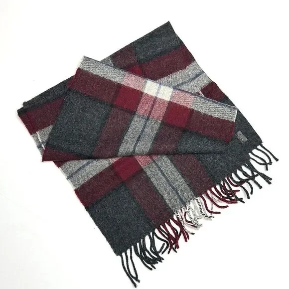 Vintage Merino Wool Gray Burgundy Plaid Scarf made in West Germany