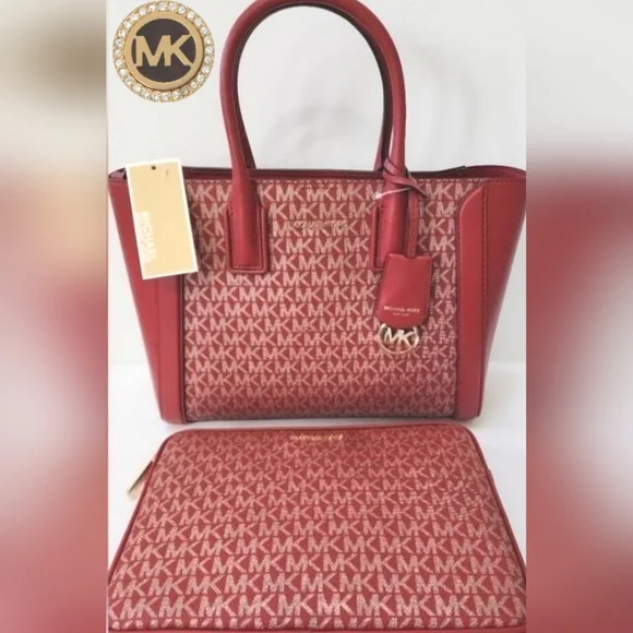 Michael Kors KALI  iPAD Case Tote Satchel Chili Red, Gold Adjustable Crossbody