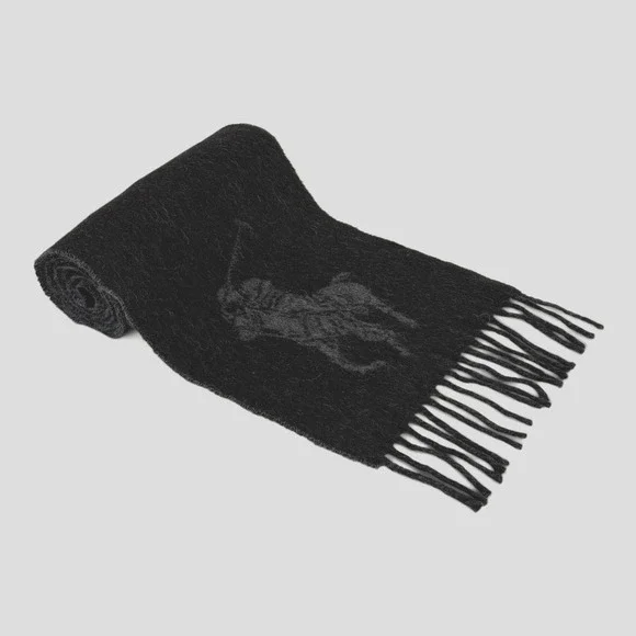 Polo Ralph Lauren Scarf Mens Gray Reversible Wool Fringe Italy Big Pony Logo