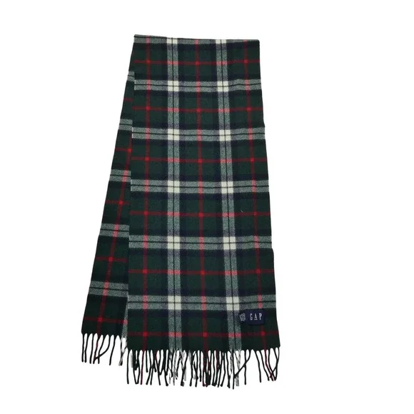 Gap Scarf Mens One Size Green Red Tartan Plaid 100% Wool Fringe Italy Winter